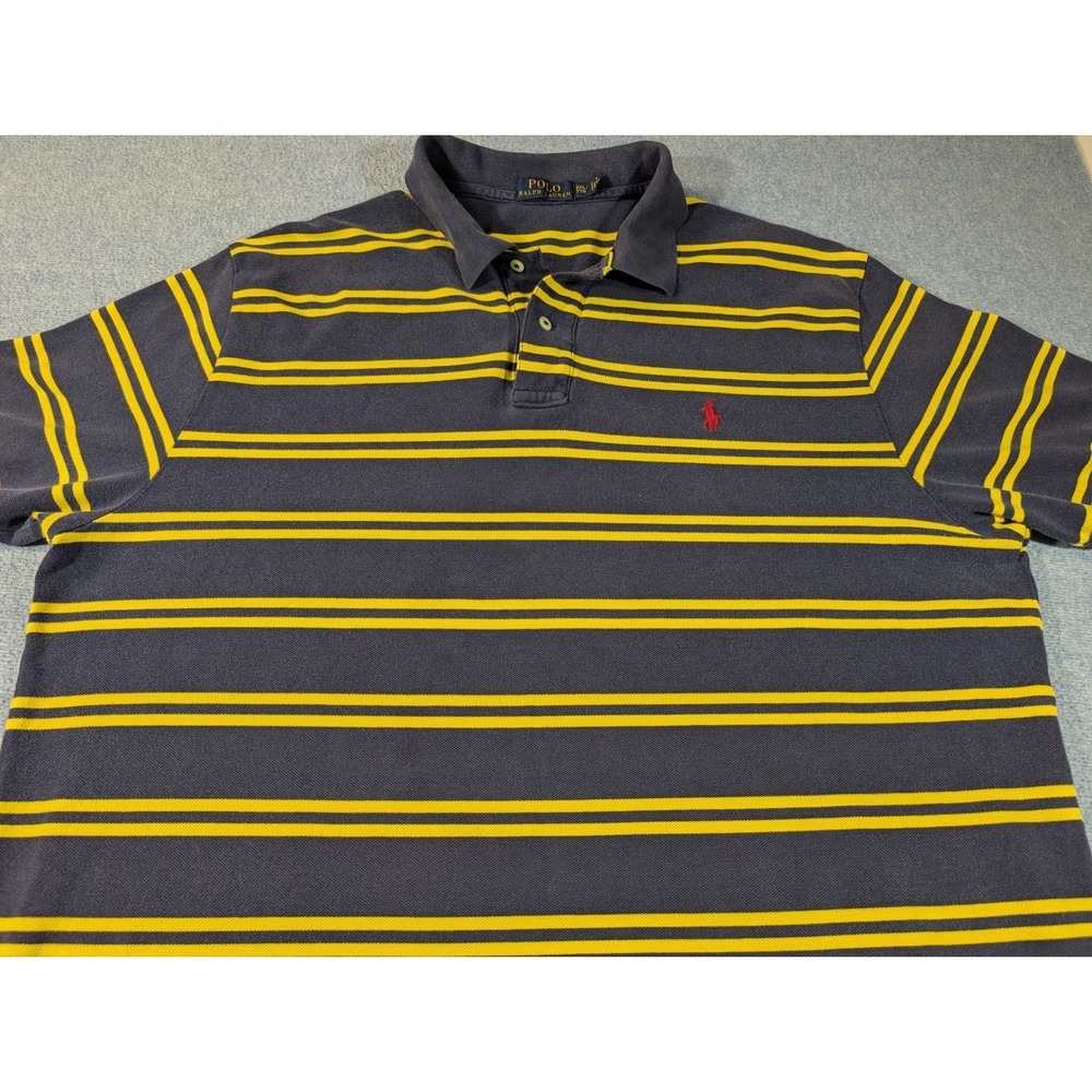 Polo Ralph Lauren Mens XXL Navy Blue Yellow Striped Short Sleeve Polo Shirt Pony